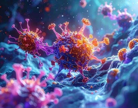 Microscopic view of viral particles, vibrant colors, and cellular structure
