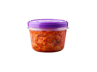 a transparent plastic food container filled with bright red kimchi