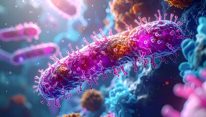 Microscopic view of a pathogen with spiky projections, vibrant pink and purple tones against a blue and orange background, cellular structures