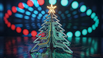 Futuristic digital christmas tree with glowing circuits and colorful bokeh lights symbolizing modern holiday technology