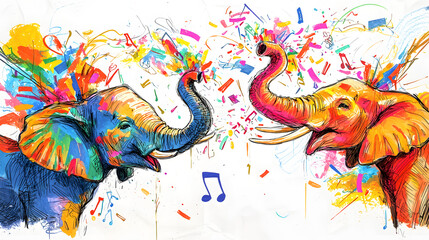 Obraz premium Nursery Animal Doodle Wallpaper Colorful elephants celebrating with music. Playful Cartoon Illustration Background Whimsical Hand-Drawn Wall Art