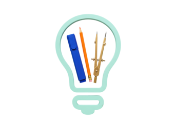Isolated stationery items in a light bulb shape representing creative thinking process