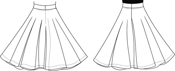 Flared pleated skirt technical flat sketch, front and back view, garment construction vector, apparel design template, cad drawing flat vector illustration