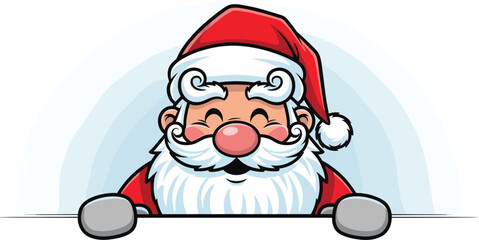 Smiling Santa Claus Peeking Over a Sign, Happy Christmas Cartoon Character with Red Hat and White Beard Presenting, Holiday Season Joy, Festive Illustration, Vector Graphic for Greetings Cards and Sea