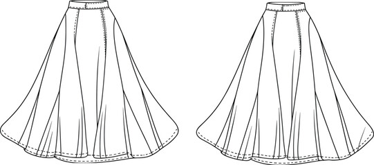 Long flared skirt technical flat sketch, front and back view, garment construction vector, apparel design template, cad drawing flat vector illustration