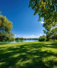 Obraz premium Serene Park by the Water with Lush Greenery and Clear Sky