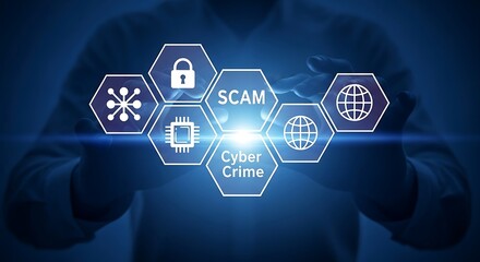 Cybercrime and Scam Concept with Digital Hexagon Icons.