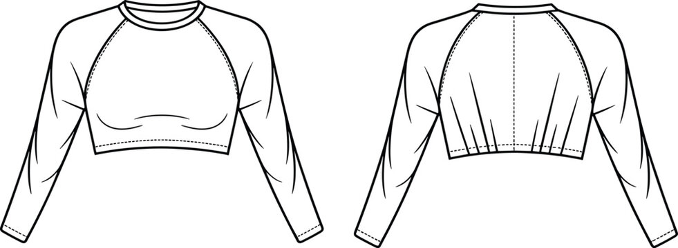 Long sleeve cropped top flat sketch, raglan crew neck fashion CAD drawing, vector apparel design template front and back technical illustration