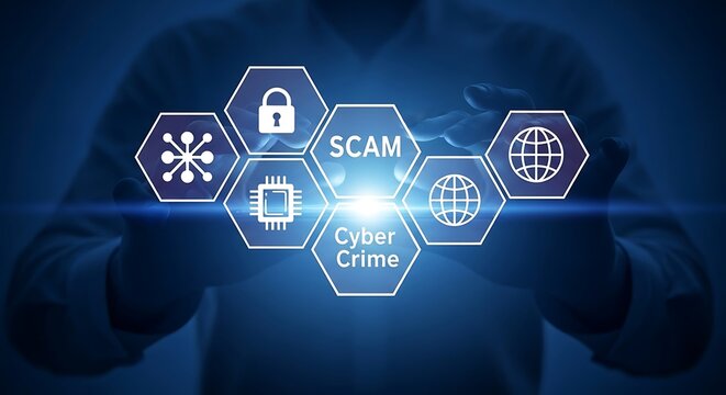 Cybercrime and Scam Concept with Digital Hexagon Icons.