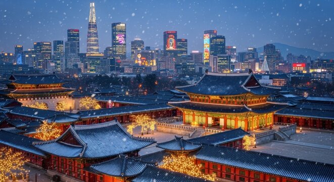 Seoul city skyline behind traditional palace at dusk; snow falls lightly