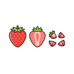 Illustration of a whole strawberry, a half-cut strawberry, and small sliced pieces.
