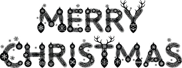 Merry Christmas Text Formed by Holiday Ornaments and Reindeer Antlers