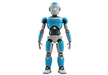 Isolated robot standing facing forward with friendly expression, showing futuristic design