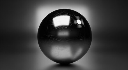 Shiny chrome sphere reflects light with subtle surface scratches in monochrome