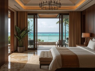 南国リゾートの高級ホテルのオーシャンビュールーム、ベッド、眺め