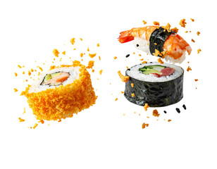 Creative Japanese Fried Sushi Roll Explosion Concept isolated on transparent background