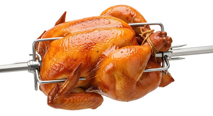 A whole roasted chicken on a rotisserie spit, isolated on transparent background