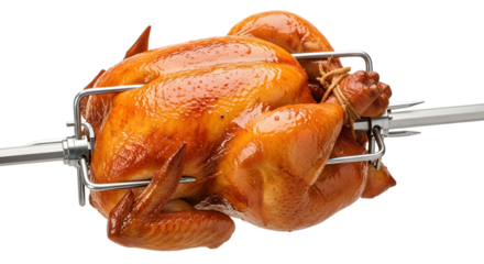 A whole roasted chicken on a rotisserie spit, isolated on transparent background