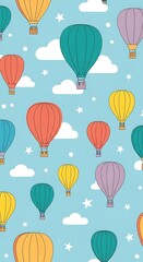 Colorful Hot Air Balloons Pattern on Light Blue Sky Background.