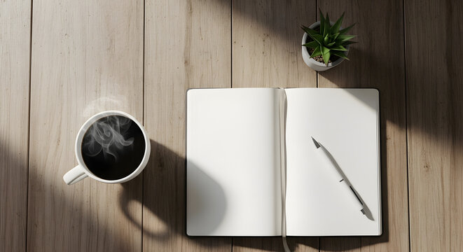 A top view of a steaming coffee cup, open notebook, pen, and potted plant on a wooden surface - Powered by Adobe
