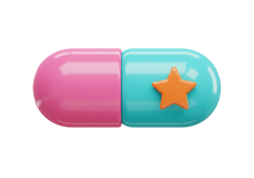 Isolated capsule pill medicine, medication with star, pharmacy product, healthcare remedy
