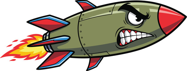 Aggressive Cartoon Rocket Launching Forward with Fiery Flames, a Concept of Anger Issues, Space Exploration, Military Strategy, War, or Futuristic Technological Advancement. Ideal for Children's Educa