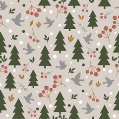 Christmas Tree Pattern Vector. Seamless Christmas Tree Pattern with bird silhouettes and red berries. Natural elegance seamless pattern background.