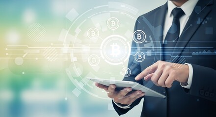 Businessman using tablet with digital network overlay.