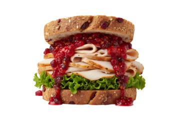 A close-up shot from above of a massive turkey sandwich made with two slices of nutritious whole wheat bread, topped with lettuce, a hefty serving of turkey, and slathered in tasty homemade cranberry 