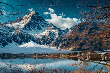 Majestic snowy mountains reflected in a serene lake