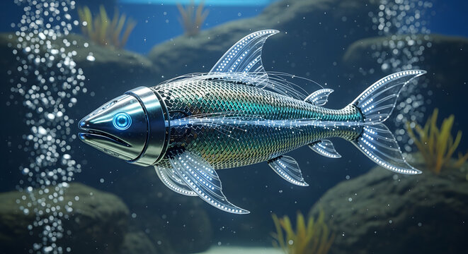 Robotic fish swimming underwater with bubbles and rocks in the background in a digital rendering