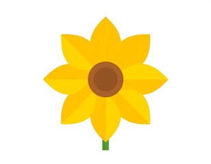 A vibrant, stylized sunflower with a bright yellow, overlapping petal design and a dark brown center, set against a clean white backdrop