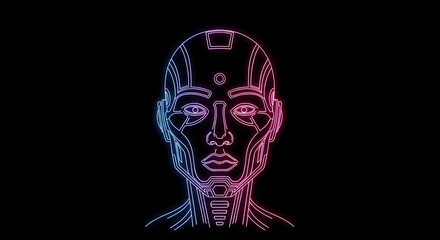 Neon outlined humanoid face with blue and pink gradient against a black background art concept