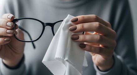 A person is cleaning their eyeglasses with a white microfiber cloth, ensuring clear vision and proper care for their eyewear
