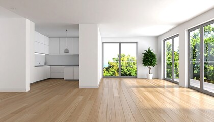 Obraz premium Modern open-plan interior with wood flooring, white walls, and a minimalist kitchen area. Large windows provide natural light