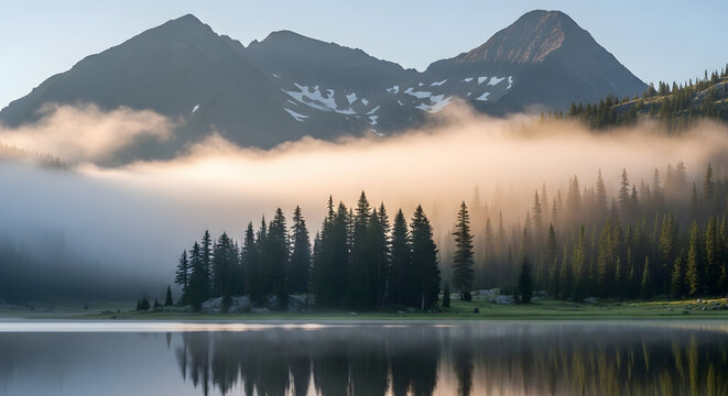 Misty mountain lake with evergreen trees and reflections creating a serene natural landscape view