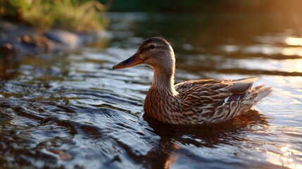 Graceful Duck Swimming in a Calm Water Body