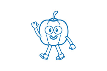Charming blue pumpkin mascot happily waves while wearing shoes and walking forward