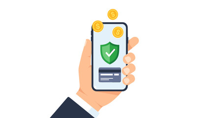 Secure Mobile Payment and Banking Vector. Hand Holding Smartphone with Shield, Credit Card, and Gold Coins. Digital Transaction Protection and E-commerce Safety.