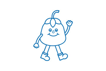 Cartoon eggplant is smiling while walking and waving a hand, outlined in blue