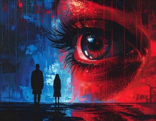 Surreal artwork with an oversized eye, two figures, and vibrant colors