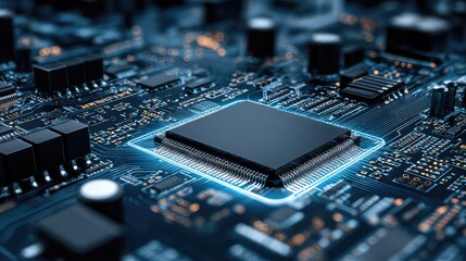Close-up of a Computer Microprocessor on a Printed Circuit Board with Detailed Connections and Signals