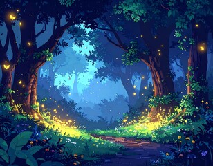 Obraz premium Illustration of a magical forest at twilight, glowing with fireflies