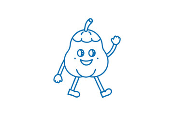 Animated pear with shoes is walking and waving in blue line art