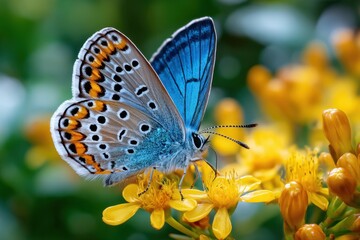Obraz premium Blue Butterfly on Vibrant Yellow Flowers