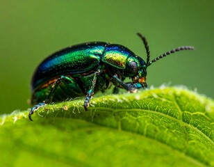 Close-up of iridescent green beetle on leaf