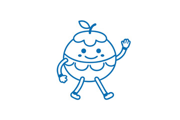 Blue apple character waves while walking with a happy smiling face