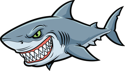 Fototapeta premium Aggressive Shark Cartoon Character Grinning Widely in Open Water, Showing Sharp Teeth, Perfect for Mascot Logo, Graphic Design Projects, Children's Illustration, Animated Movie, Aquatic Theme, Marine