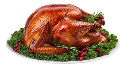 A perfectly roasted, goldenbrown turkey, garnished with fresh rosemary and cranberries, isolated on a transparent background, ready for a festive holiday meal