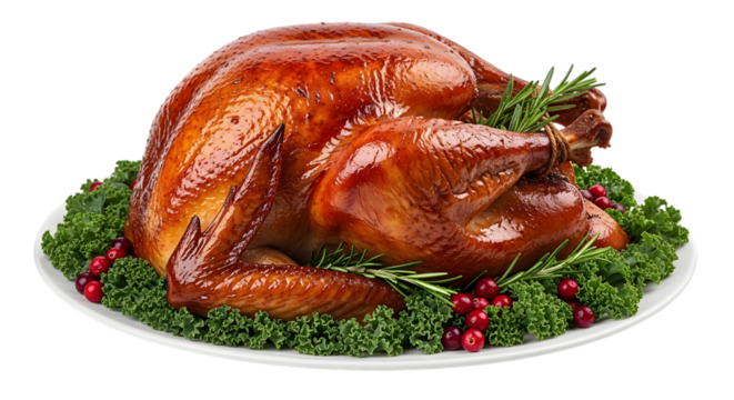A perfectly roasted, goldenbrown turkey, garnished with fresh rosemary and cranberries, isolated on a transparent background, ready for a festive holiday meal